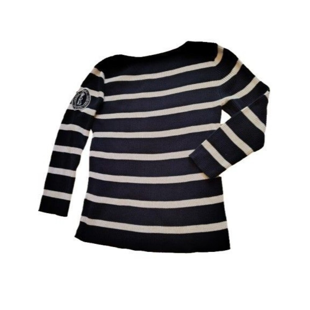 Lauren Jeans Co. Navy & White Striped Patch Logo Knit SweaterVintage